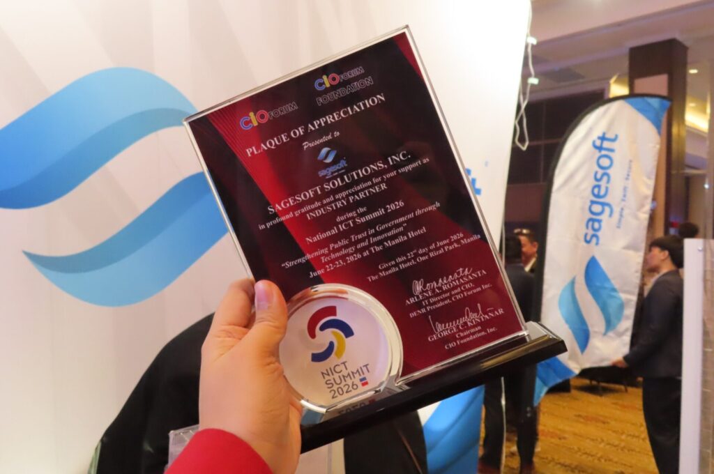 SAGESOFT and OutSystems Platinum Plus Partner booth at the National ICT Summit 2026 Caption: The SAGESOFT and OutSystems booth at the National ICT Summit 2026, Manila Hotel — June 22–23, 2026.